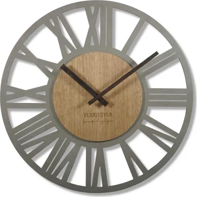 A modern wall clock with Roman numerals and a wooden center.