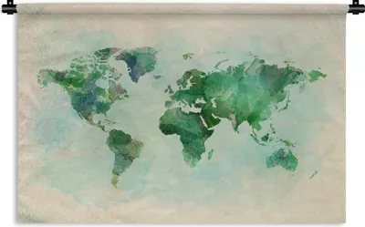 Produktbild von MuchoWow® Wandteppich Wandbehang Weltkarte - Aquarell - Grün 60x40 cm Tapisserie Dekoration Wandtuch - Wanddekorationen