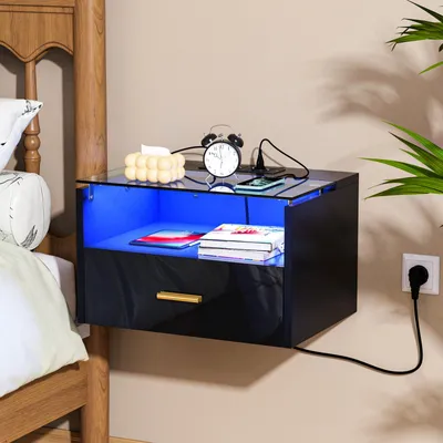 Produktbild von LED Hängender Nachttisch,Schwebender Nachtschrank mit Steckdose,Beistelltisch Holz moderner Nachttisch für Schlafzimmer 42x30x26cm(Oberes Glas+MDF)