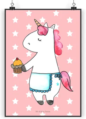 Produktbild von Mr. & Mrs. Panda Bild Einhorn Muffin DIN A4 - Rot Pastell - Geschenk, Kekse, kunstdruck poster, Geburtstag, drucke, Unicorn, wanddeko, Wanddekoration, Geburtstagsgrüße