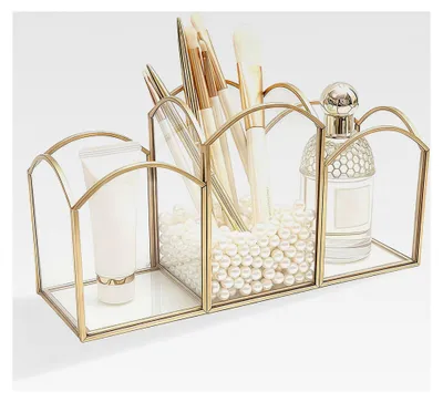 Produktbild von Kosmetikpinselhalter Transparent, Make-up Pinselbecher Gold, Aufbewahrung für Kosmetikpinsel, Glasbehälter für Schminkpinsel - Organizer für Schminktisch