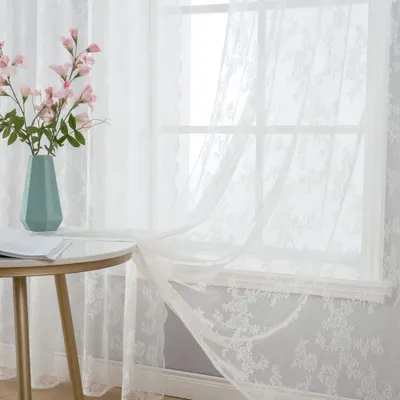 Fertigvorhänge mit Blumenmuster, 2er-Set, 150 x 225 cm, weiß