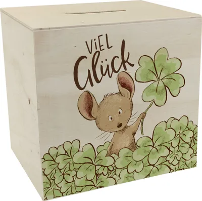 Produktbild von Viel Glück Spardose aus Holz mit einer kleinen Maus