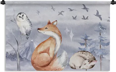 Produktbild von MuchoWow® Wandteppich Wandbehang Winter - Eule - Hirsch - Fuchs 120x80 cm Tapisserie Dekoration Wandtuch - Wanddekorationen - Wandtücher