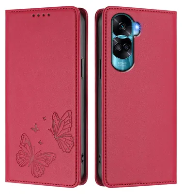 Image de Étui en cuir pour Honor 90 Lite, motif papillon, étui portefeuille à rabat avec support, rouge