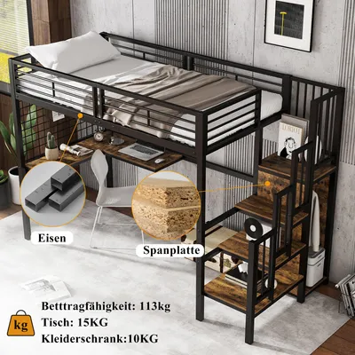 Productafbeelding van STILVORA hoogslaper 90x200 voor volwassenen, met bureau, jongerenbed met opbergruimte, bedframe van metaal met kledingkast, zijtrap met leuning, zonder matras
