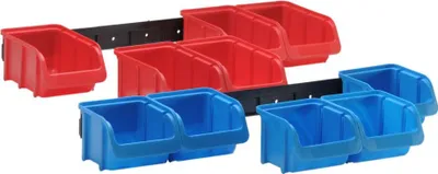 Produktbild von Sichtboxen-Set PP, 2 Kunststoffschienen 5 x Gr. 1 blau, 5 x Gr. 2 rot VPE: 10