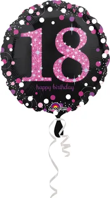Produktbild von AMSCAN 3378301 Folienballon Happy Birthday 18 - Ø 43 cm, schwarz/pink, Konfetti