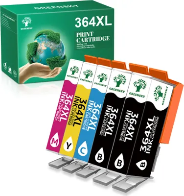 A box of printer ink cartridges and the cartridges themselves are displayed.