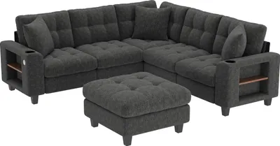 Produktbild von Merax U-förmiges Ecksofa 6-Sitzer, XXL Modulares Soffa, Chenille Sofa mit Hocker, Becherhalter, USB & USB-C, Wohnzimmer Couch, Grau