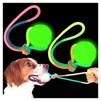 Produktbild von Hundetrainingsball mit Seil, leuchtet im Dunkeln, 6,9 cm, Spielzeug für kleine, große und mittelgroße Hunde, interaktives Zugbelohnungsspielzeug, 2 Stück