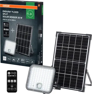 Immagine prodotto di OSRAM Luce solare per esterni a LED Endura Outdoor nera con proiettore e pannello solare, cavo da 5 m, con telecomando e rilevatore di movimento PIR, 30 W, 4500 lm, 840, colore luce 4000 K, EEK A