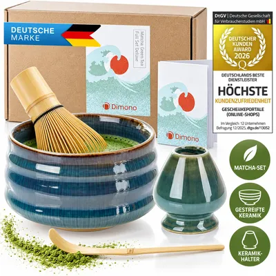 Produktbild von Matcha Tee-Set Deluxe 4-teilig für die traditionelle japanische Teezeremonie – Inklusive Teeschale, Bambusbesen, Dosierlöffel & Besenhalter