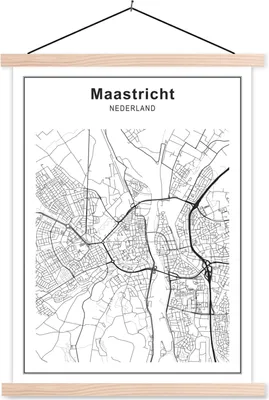 Produktbild von MuchoWow® Textilposter Stadtplan - Maastricht - Schwarz und weiß 40x53 cm mit holzfarbenen Rahmen - Schlafzimmer