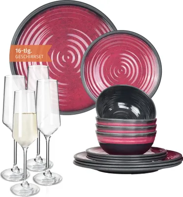 Produktbild von Melamin Camping Geschirr Set 4 Personen Stone Red + 4 Milano Champgner Gläser Flûtes Tafelgeschirr Picknick BBQ Kochgeschirr