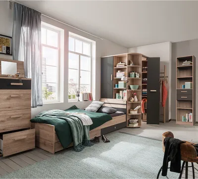 Produktbild von Jugendzimmer Set 6-teilig mit 90x200 cm Bett in Eiche mit graphit CANTON-43