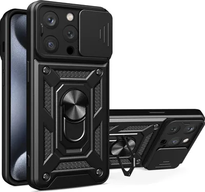 Produktbild von iPhone 15 Pro Hülle mit Magnetische Ring Ständer Halter Dia Kameraschutz TPU Bumper Silikon Schutzhülle für iPhone 15 Pro Schwarz