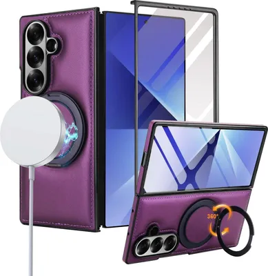 Produktbild von Für Samsung Galaxy Z Fold7 MagSafe Leder Ringhalter integriertes Glas Hülle Lila