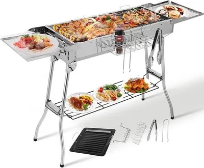 Produktbild von Holzkohlegrill XXL (122 x 30 x 75 cm) – Edelstahl – Klappgrill mit Antihaftbeschichtung – ServiceTopper