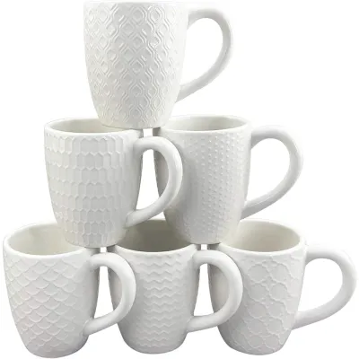 6 Kaffeetassen 380 ml, Porzellan, Reliefmuster, weiß
