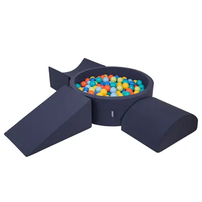 Obrázok produktu pre KiddyMoon Mäkké penové ihrisko pre deti s guľatým loptičkovým ihriskom (300 ∅ 7 cm) s mäkkými prekážkami a loptičkovým bazénom,  vyrobené v EÚ, Tmavomodrá:HellZelená/Orange/Türkis/Modrá/B