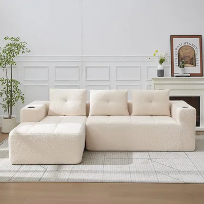 Produktbild von L-Sofa mit drei Kissen, L-förmiges Sofa, 3-Sitzer Modulsofa Ecksofa klassisches minimalistisches komfortables (Federkern + 2 Kunststofftaschenplatten)