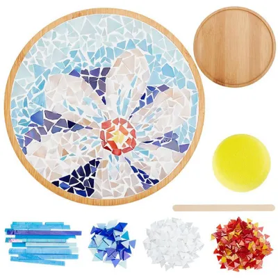 Productafbeelding van Mozaïek-knutselset, bamboe onderzetters, bloemenmotief, blauw, voor volwassenen, beginners