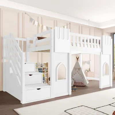 Immagine prodotto di Letto a soppalco 90x200 cm con scala contenitore, 3 vani, 2 finestre, sponda di sicurezza, letto per bambini, bianco, legno di pino