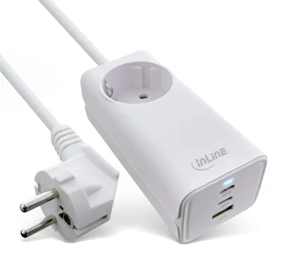 Produktbild von InLine USB Netzteil, GaN Ladegerät, 2x USB-C, 1x USB-A, mit Schutzkontaktbuchse, Drinnen, AC, 20 V, 1,5 m, Weiß