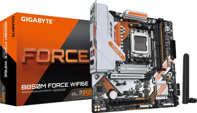 Produktbild von GIGABYTE B850M FORCE WIFI6E Mainboard – Unterstützt AMD Ryzen 9000 Serie Prozessoren, 8+2+2 Phasen Digital-VRM, bis zu 9600 MHz DDR5 (OC), 1 x PCIe 5.0 M.2 + 2 x PCIe 4.0 M.2, Wi-Fi 6E, 2.5 GbE LAN, USB 3.2 Gen 2