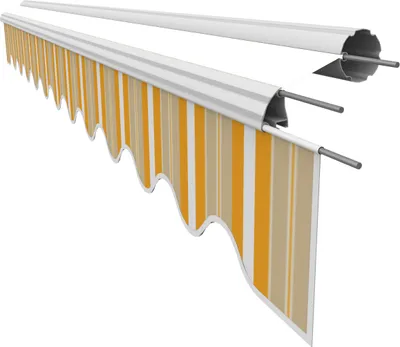A retractable awning with a striped fabric pattern.