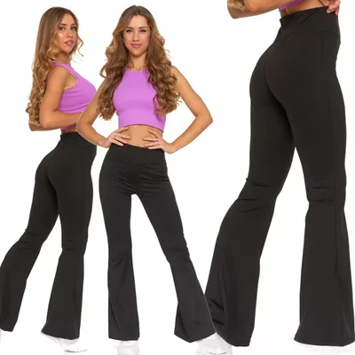 Produktbild von Moraj Damen Schlaghose Sporthose Hoch-Bund Leggings blickdichte Trainingshose ausgestellte Hosenbeine RDL2200-012, Schwarz, L
