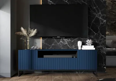 Produktbild von TV-Schrank Glamour TV-Schrank Elpis 2 Dreitürig Modern Lindner Möbel 150cm x 51,5cm x 36,5cm Farbe: Marineblau matt Rahmen: Schwarz - Metall