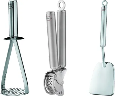 Produktbild von RÖSLE Küchenhelfer-Trio aus Edelstahl: Kartoffelstampfer 26 cm, Fleischplattierer 32 cm, Knoblauchpresse 20 cm für ungeschälte Zehen
