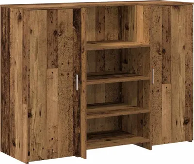 A wooden reception desk with shelves in the middle.