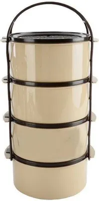 A stack of four beige and brown food containers with a black handle.