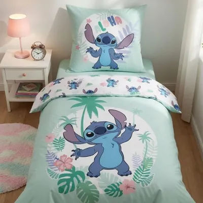 Produktbild von Disney Stitch Bettwäsche 135x200 80x80 cm Türkis aus 100% Baumwolle mit Reißverschluss