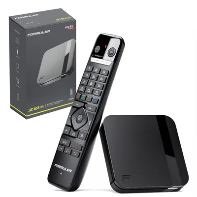 A product shot of a Formuler Z10 Neo streaming device, its remote control, and its packaging, presented on a white background.
