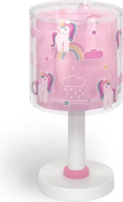 Produktbild von Rosa Tischlampe mit Einhornmuster, LED Nachtlicht und transparentem Doppelschirm