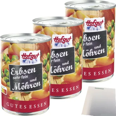 Produktbild von Hofgut Erbsen sehr fein mit Möhren 3er Pack (3x425ml Dose) + usy Block