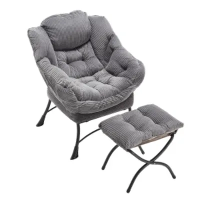 Produktbild von Lazy Chair(Schwarz)mit Ottomane, moderner Freizeitstuhl mit Armlehnen und Seitentasche, gepolsterter Freizeit-Sofastuhl, Lesesessel mit Fußstütze