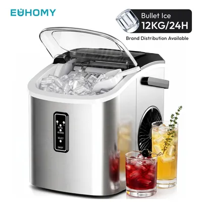 Produktbild von EUHOMY Eiswürfelmaschine Edelstahl, silber, 9 Eiswürfel in 6 Minuten, selbstreinigend, Tank 1,2 Liter