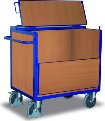 Produktbild von VARIOfit Holzkastenwagen fest verschweißt mit Deckel und halb abklappbarer Längswand 970x670mm Enzianblau RAL 5016