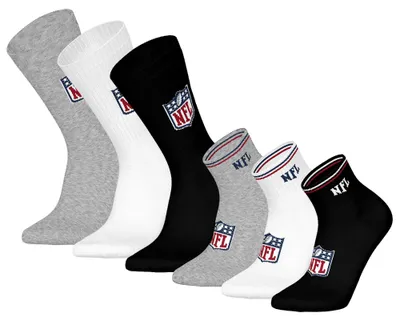 Produktbild von NFL Uni Socken, 6er Pack - NFL Shield 3Pack Crew Socks, 3Pack Quarter Socks, Streifen, Logo, Baumwollmischung Weiß/Grau/Schwarz 39-42