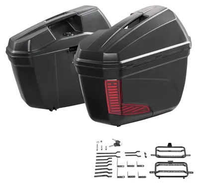 Immagine prodotto di SucceBuy - 2 bauletti laterali per moto, capacità 23 litri ciascuno, in ABS, con supporti. Bauletti neri con chiusura a 3 livelli, catarifrangenti rossi, serrature di sicurezza e chiavi. Resistenti all'acqua (grado di protezione IPX4)