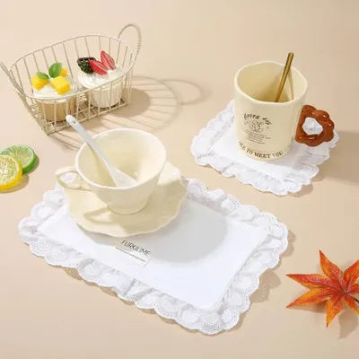 Produktbild von Spitzen Platzset - Stoff Tischset 20x30 cm - Rechteckig - Weiche Baumwollserviette - Japanischer Stil - Für Hochzeit und Party - Einzugsgeschenk