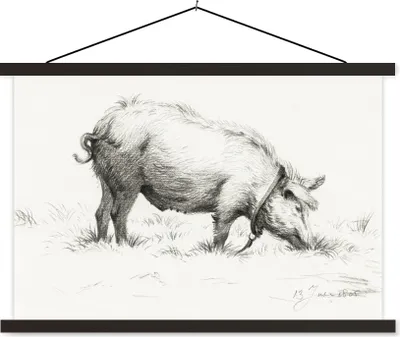 Produktbild von MuchoWow® Textilposter Stehendes Schwein im Gras - Gemälde von Jean Bernard 90x60 cm mit schwarzem Rahmen - Aufhängungssatz