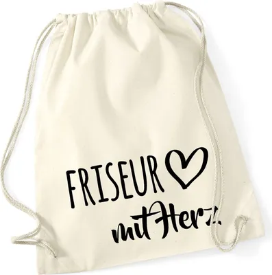 Produktbild von Huuraa Turnbeutel Friseur mit Herz 12 Liter Natural Baumwolle Rucksack Geschenkidee
