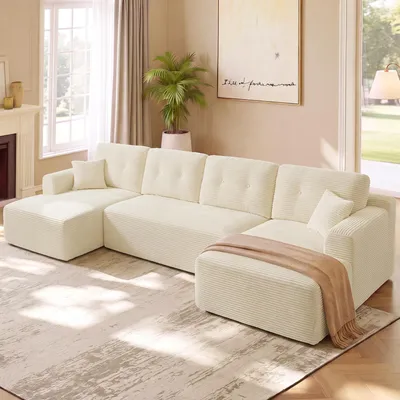 Produktbild von VASAGLE U-Form Sofa 6-Sitzer Modulares Cord Sofa mit Kissen 336 x 154 x 89 cm Weiß