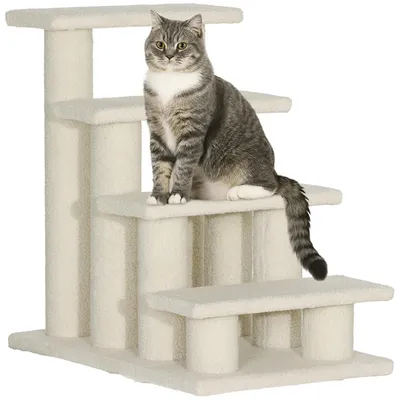 Immagine prodotto di Scala per gatti per divani e letti - Scala per animali domestici a 4 gradini - In legno con rivestimento in peluche - Per gatti e cani di piccola taglia - Bianca